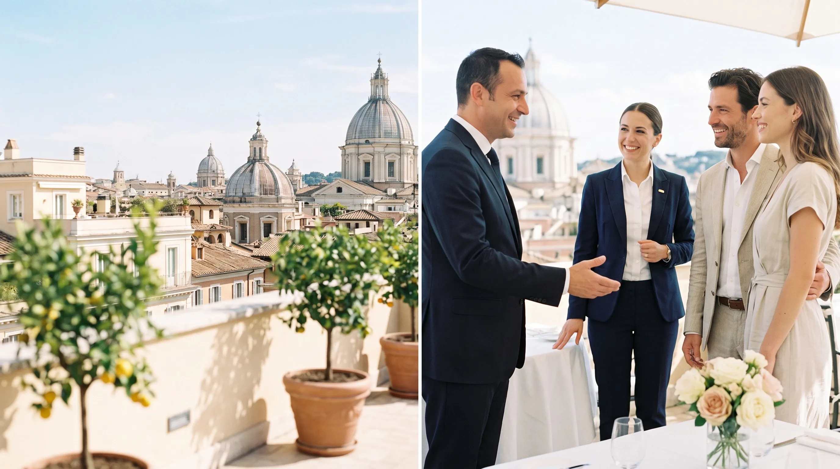On a sunlit rooftop terrace in Rome, a maître d' welcomes a couple to their table while the agent introduces them.