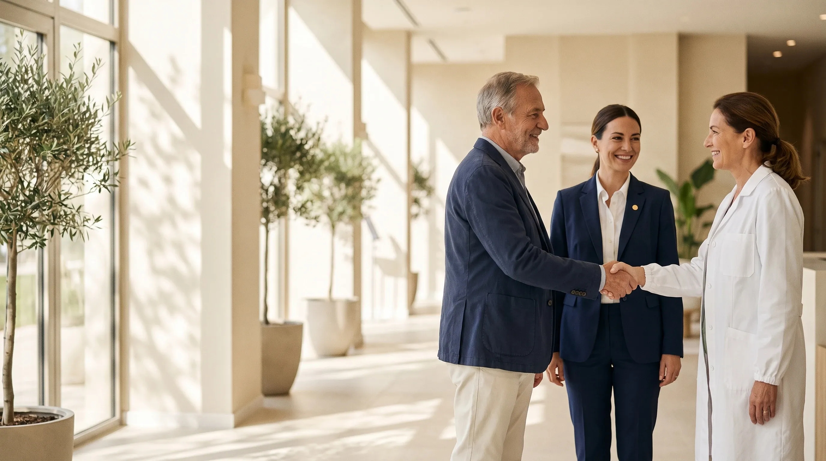 In a bright medical practice, a doctor shakes hands with a smiling traveller while the agent stands beside them.