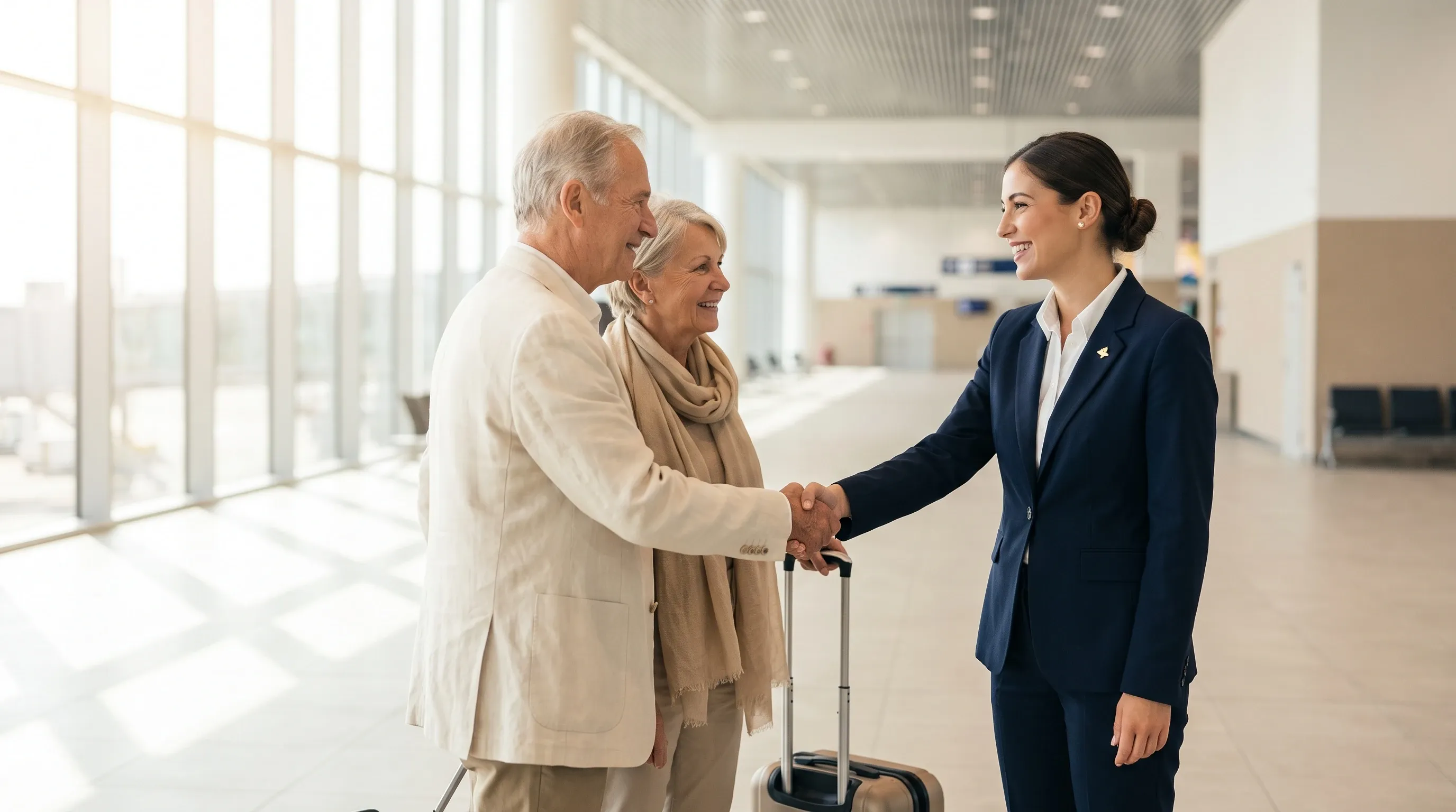 In a sunlit arrivals hall, an agent shakes hands with a smiling couple beside their suitcase.