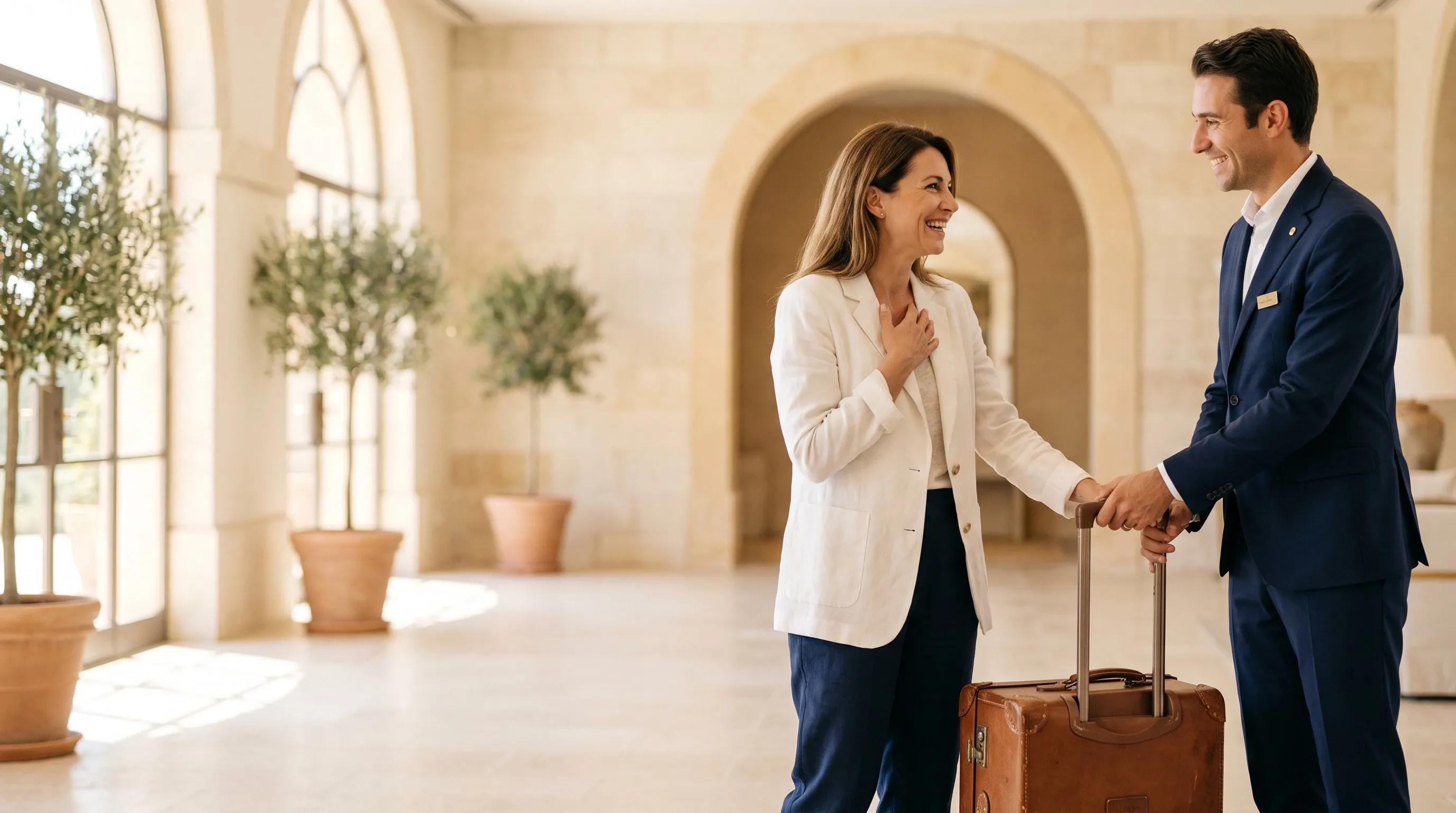 In a sunlit hotel lobby, an agent delivers a suitcase to a smiling traveller.