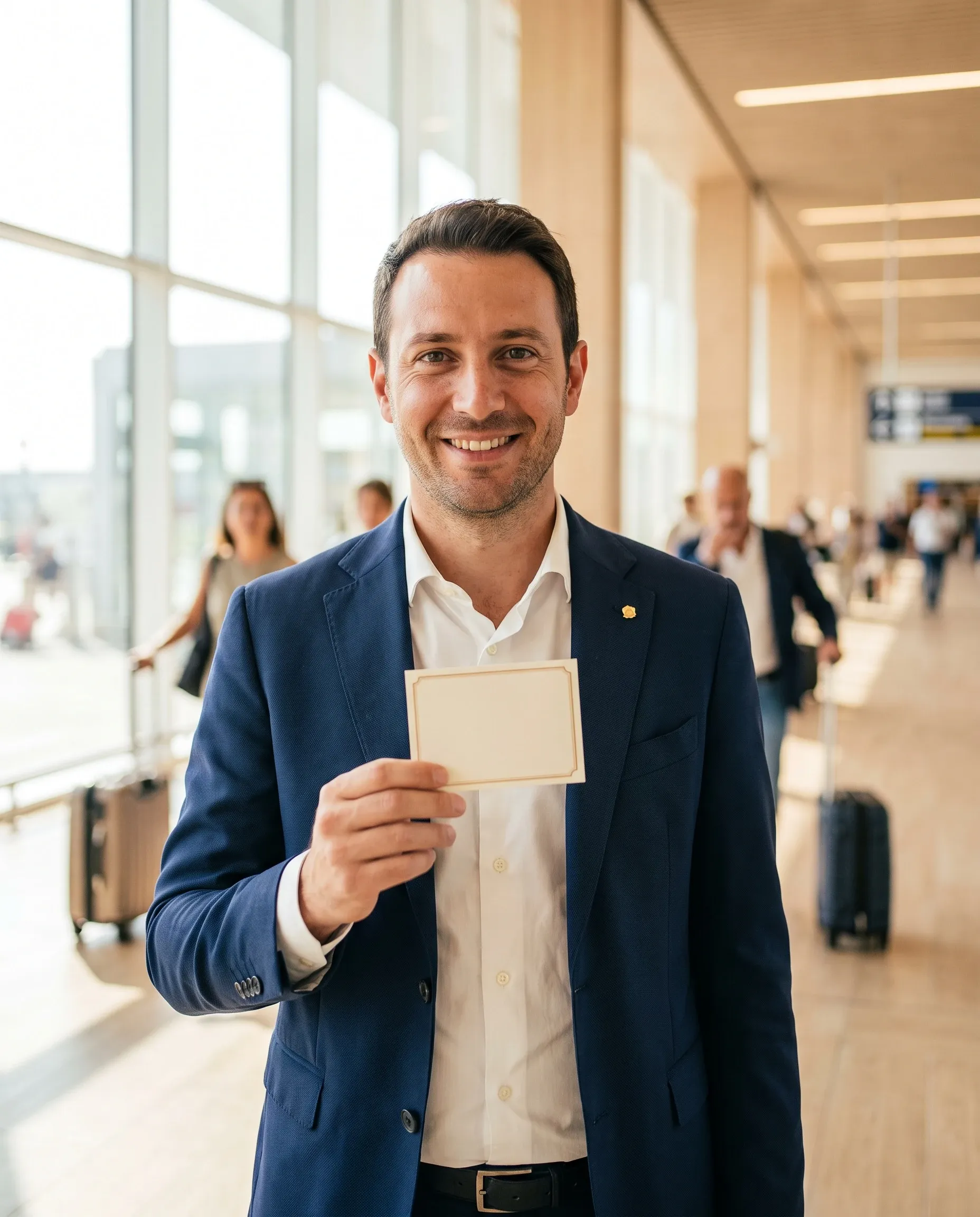 A smiling agent in a navy suit holds up a small card at a bright arrivals gate.