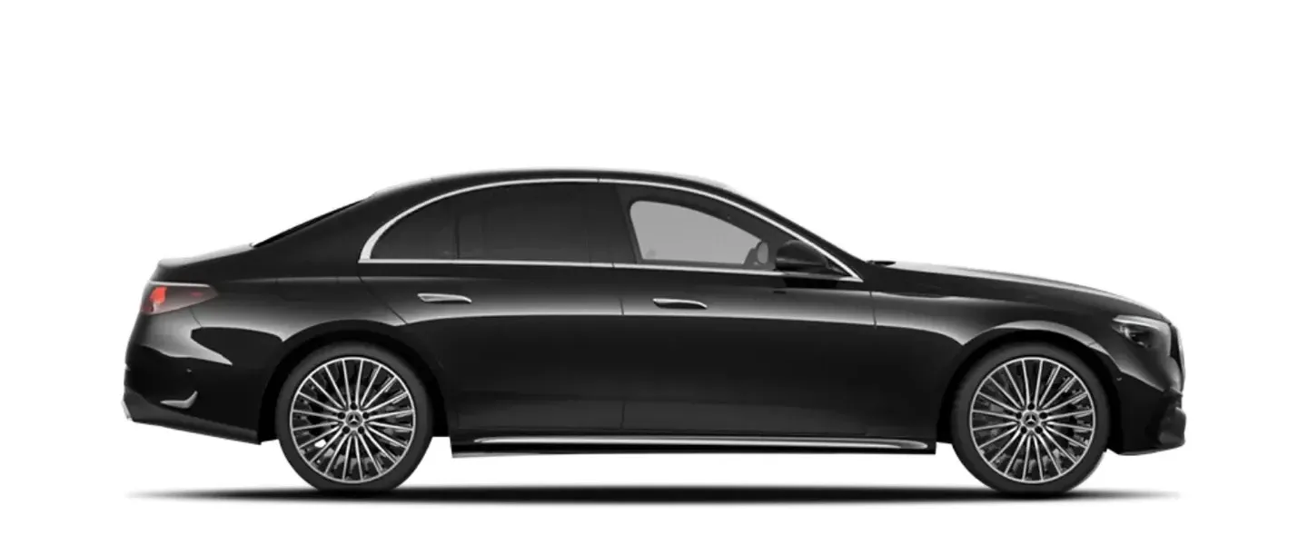 Black Mercedes E-Class sedan, seen from the side.
