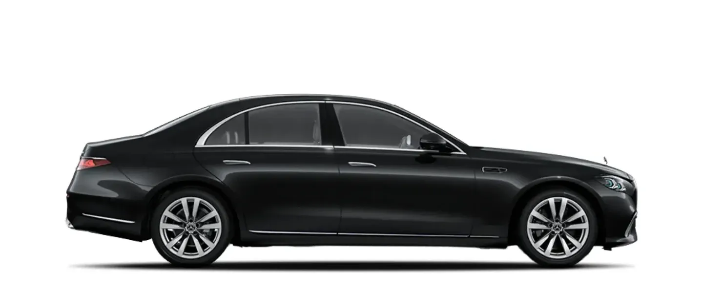 Black Mercedes S-Class sedan, seen from the side.