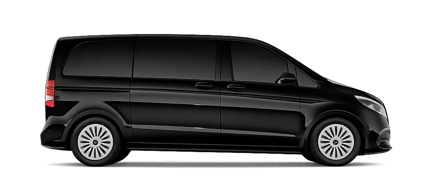 Black Mercedes V-Class van, seen from the side.