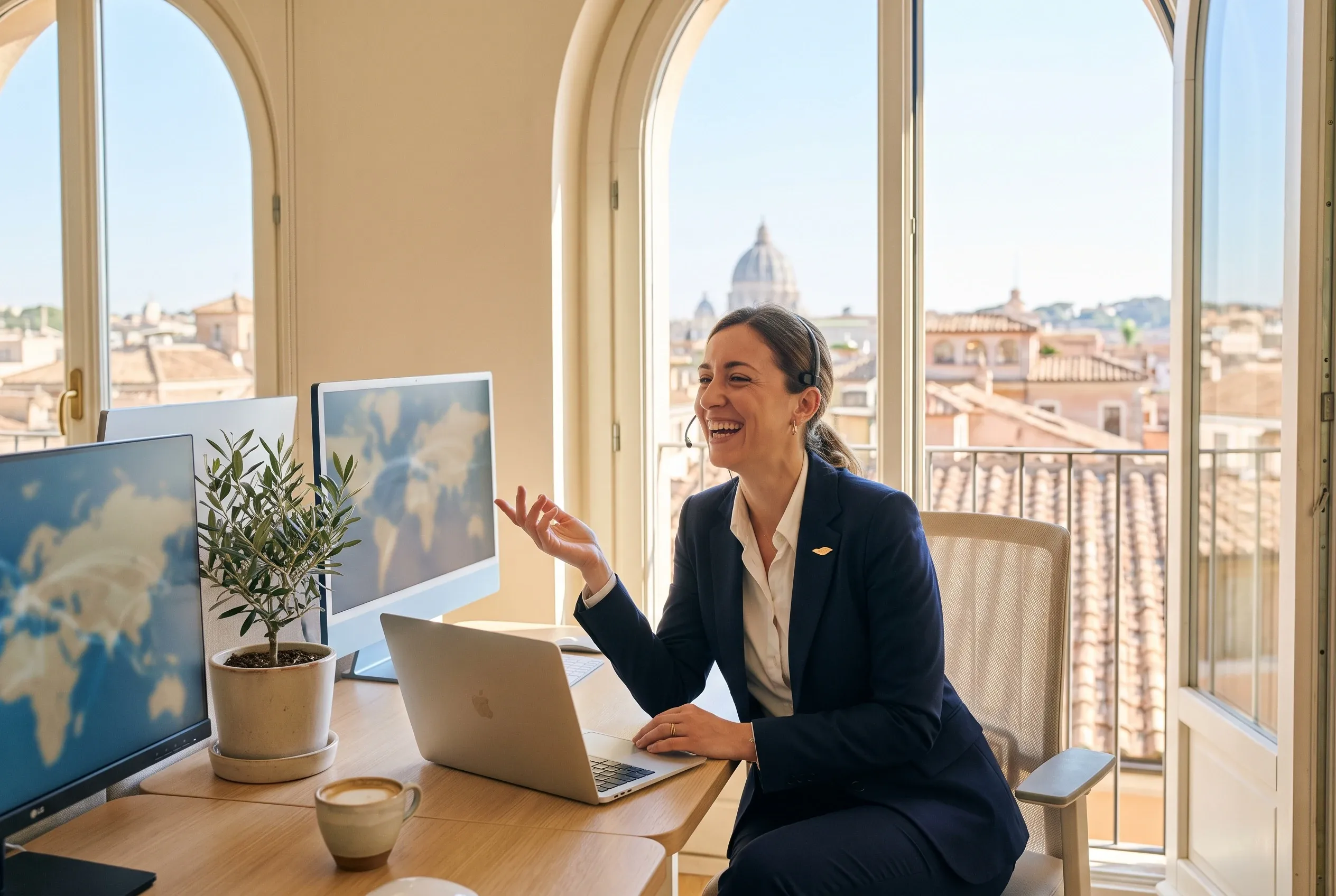 A coordinator with a headset laughs on a call at her desk, the rooftops of Rome and St Peter's dome through the window.