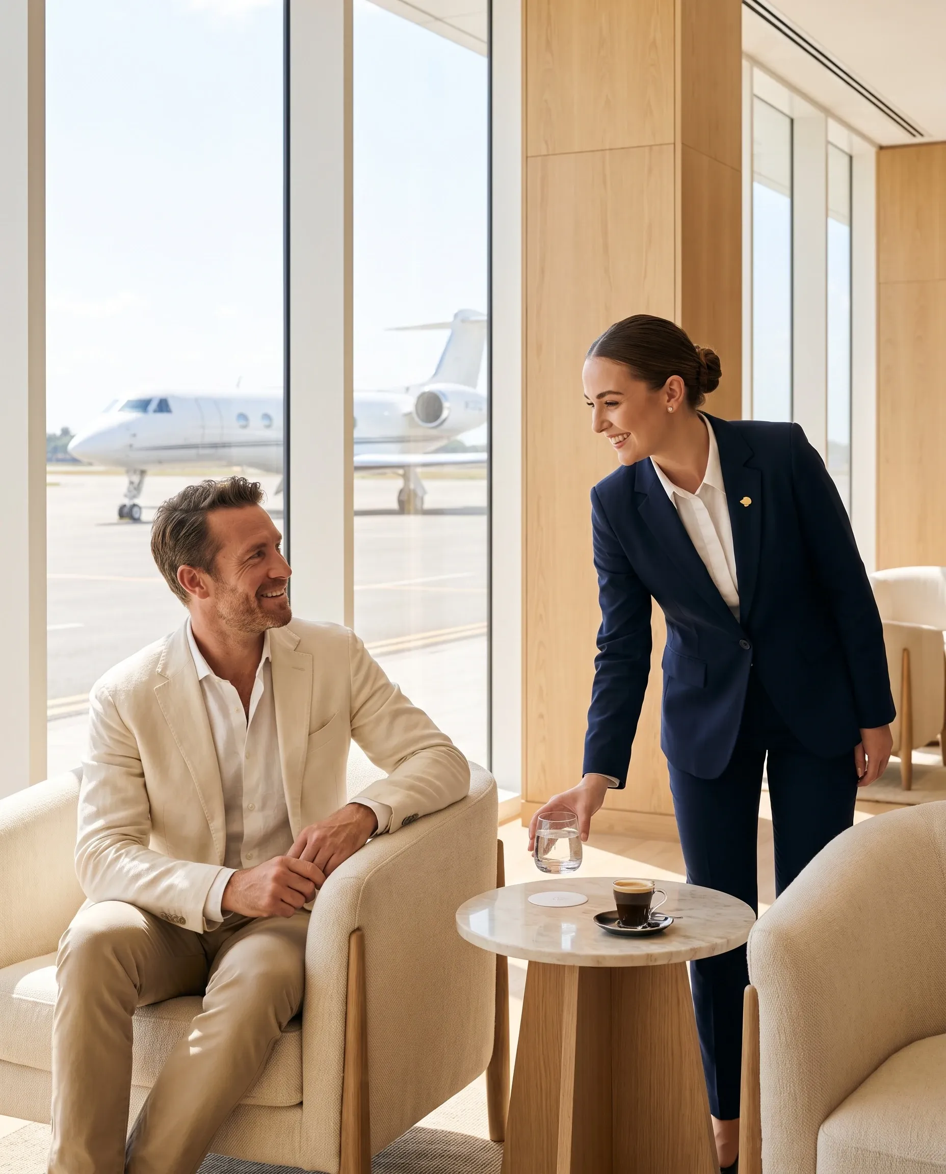 In a bright private lounge, a hostess brings water to a relaxed traveller, a jet on the apron beyond the window.