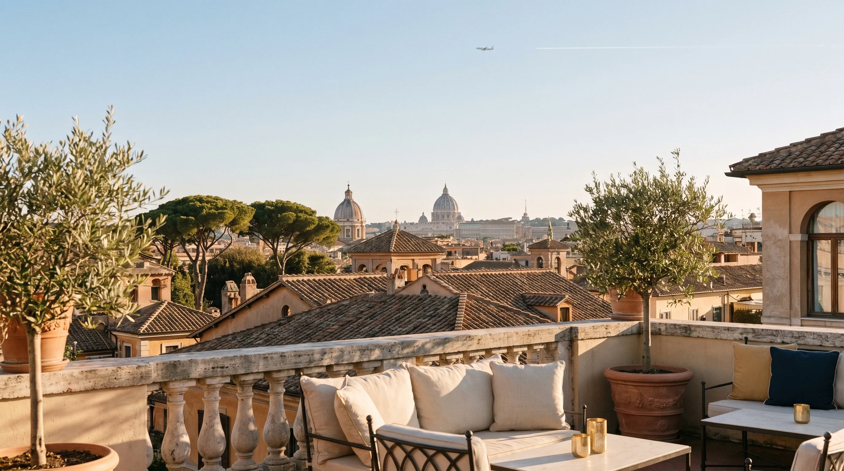 A sunny terrace above the rooftops of Rome, with St Peter's dome on the horizon.